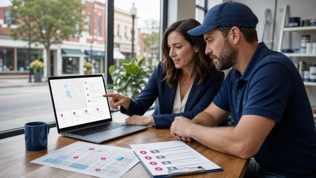 Local business owner and SEO strategist reviewing a city-focused publisher outreach plan