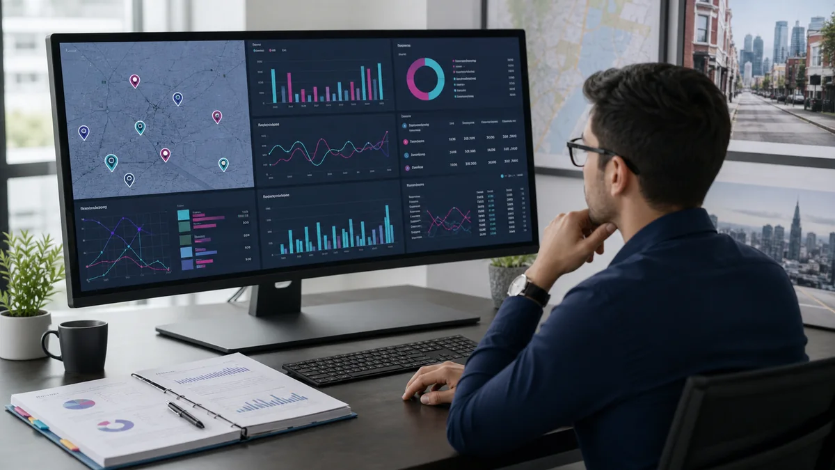Marketing analyst reviewing local guest post placements, location pages, calls, forms, and referral traffic