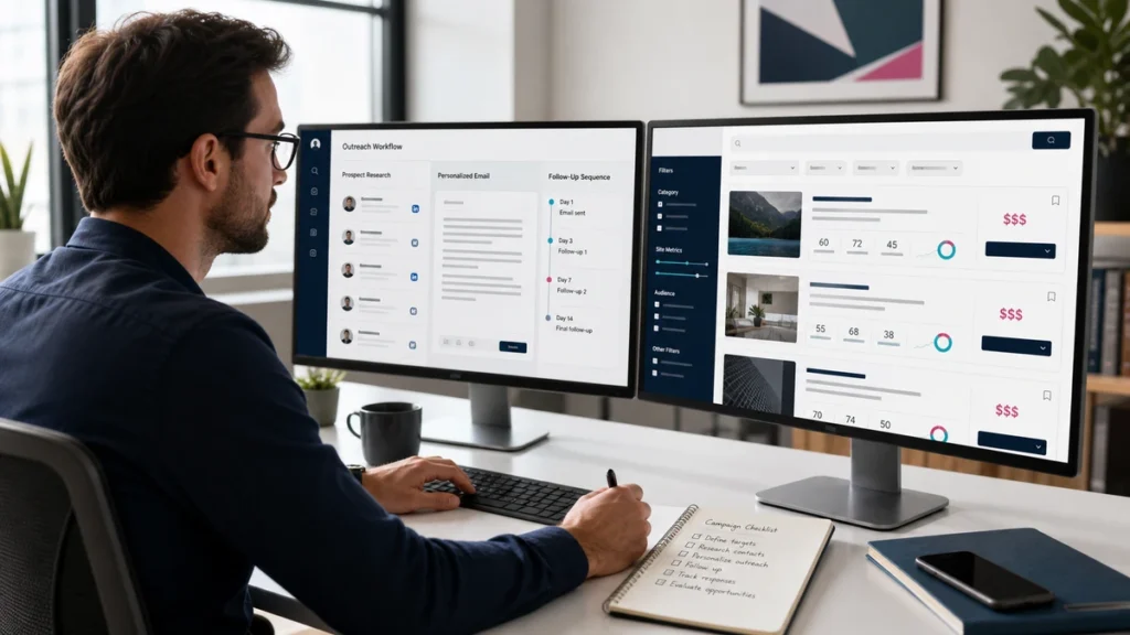 SEO manager comparing manual guest post outreach with a publisher marketplace on two monitors