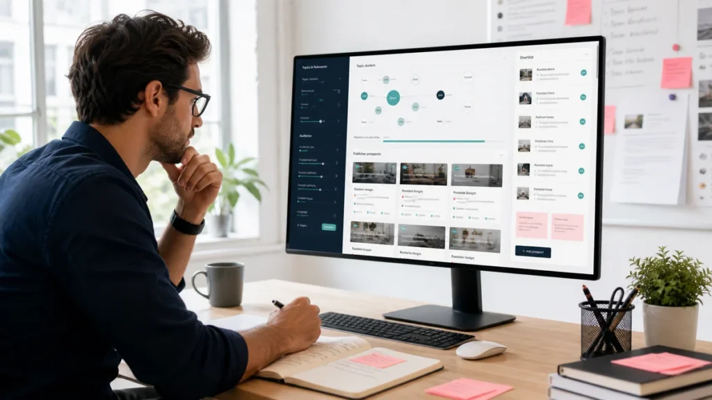 Content strategist filtering guest post publisher prospects by topic, audience, and relevance