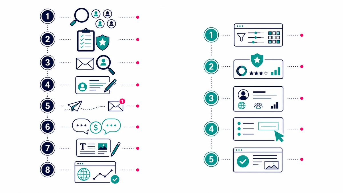 Side by side comparison of eight manual outreach steps and five guest posting marketplace steps