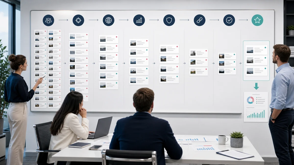 SEO team narrowing a large guest post publisher list through relevance, traffic, editorial, link, and availability checks