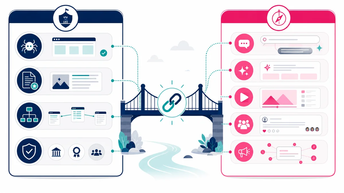 Bridge connecting durable SEO foundations with conversational AI search discovery and brand visibility