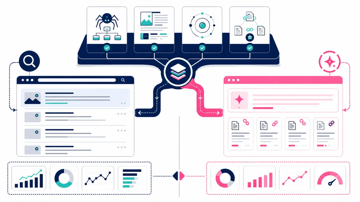 Comparison of SEO and generative engine optimization sharing technical access, useful content, topical relevance, brand authority, and measurement