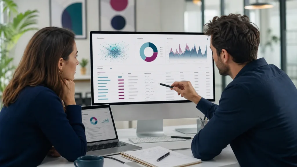 SEO specialists reviewing suspicious referring domains and backlink quality patterns on an analytics screen