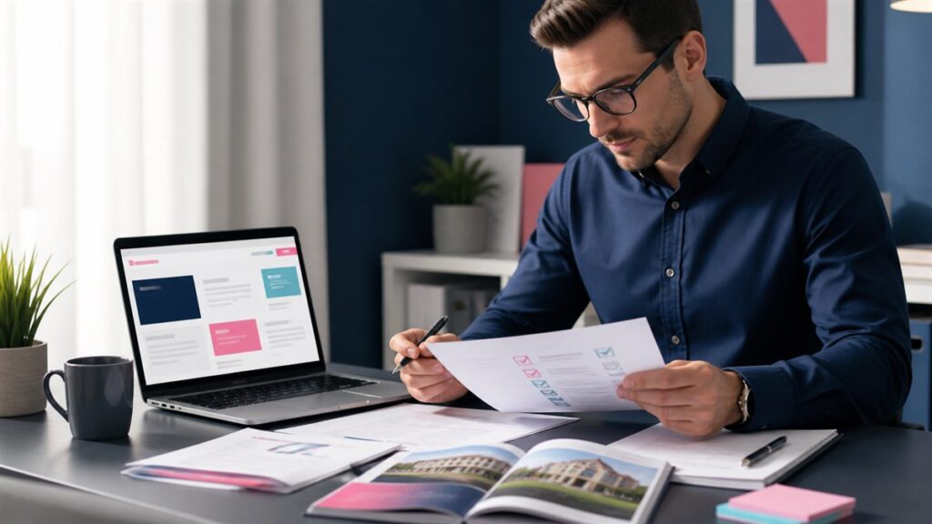 SEO strategist reviewing a university guest post campaign brief