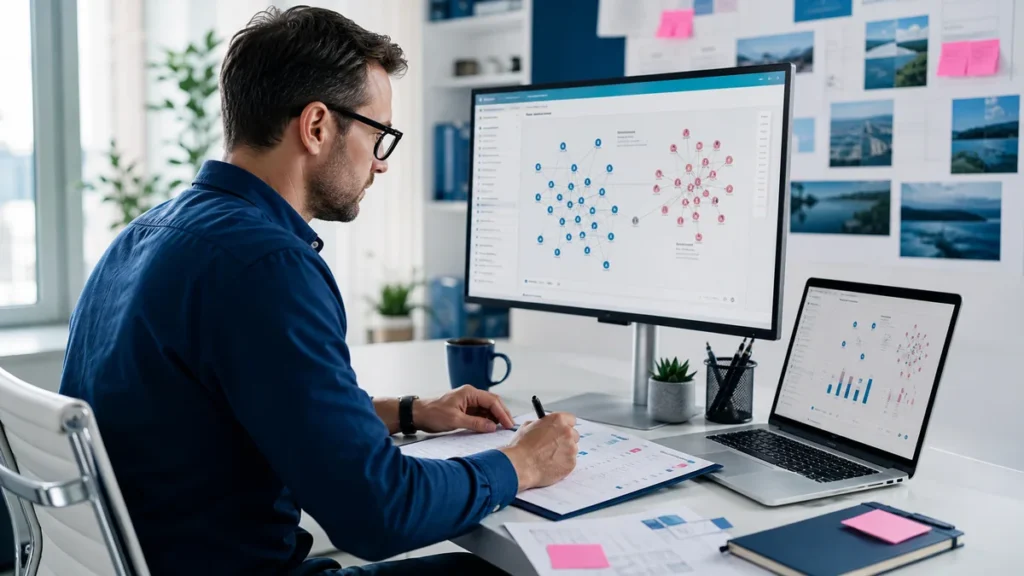 SEO strategist reviewing clean and risky backlink profiles before approving publishers