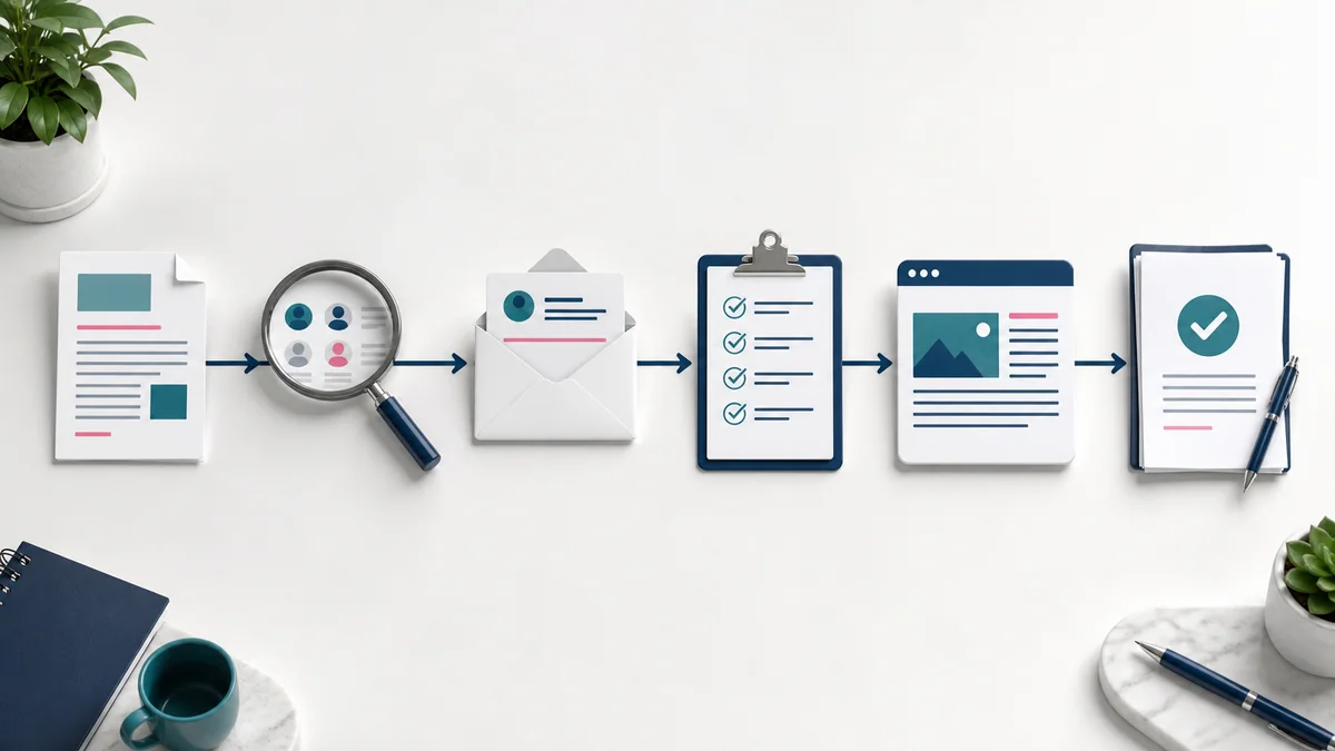 Six-stage white hat link building workflow from useful content to publication and reporting