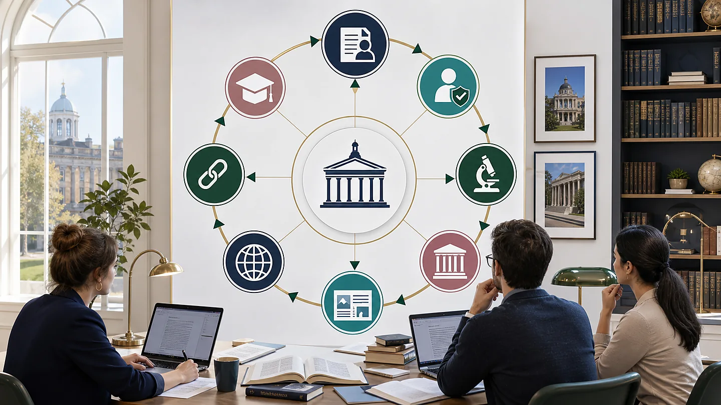 University authority flywheel connecting faculty profiles, research, citations, media, partners, backlinks, and student resources