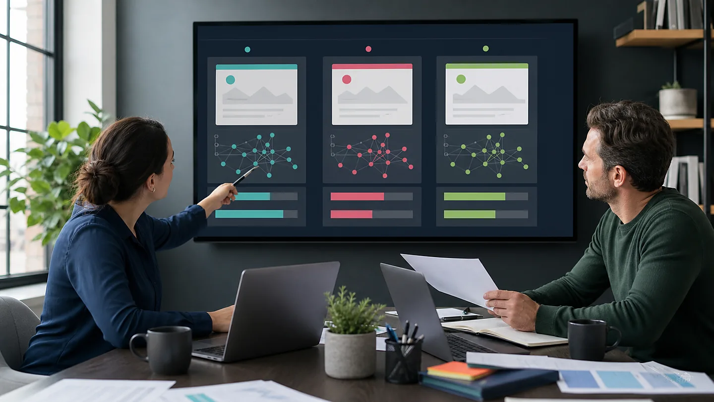 SEO analysts comparing target and competitor pages to identify authority, referring-domain, content, and visibility gaps