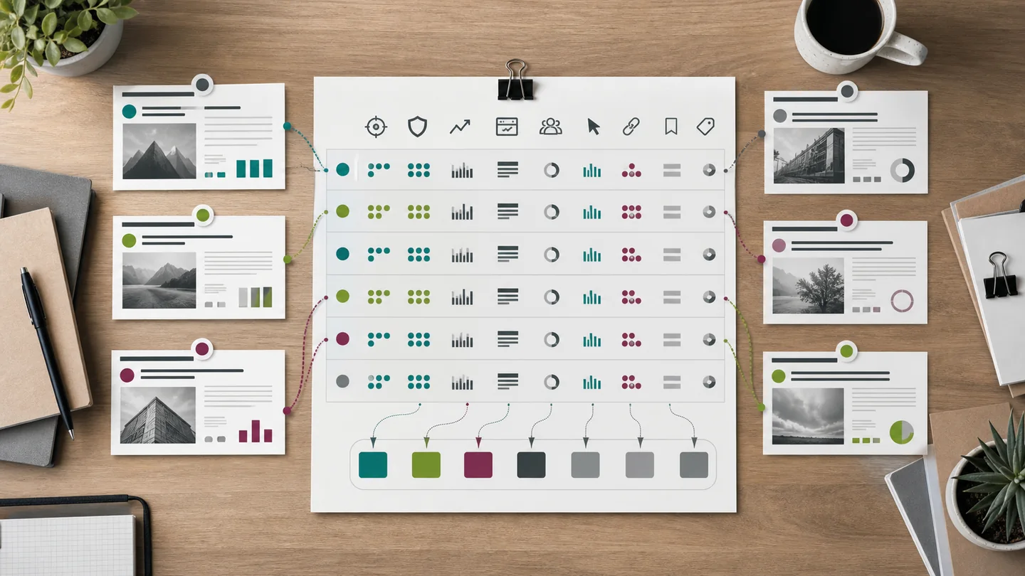 Backlink decision board comparing publisher relevance, authority, visibility, page context, audience, anchor fit, link attribute, and price