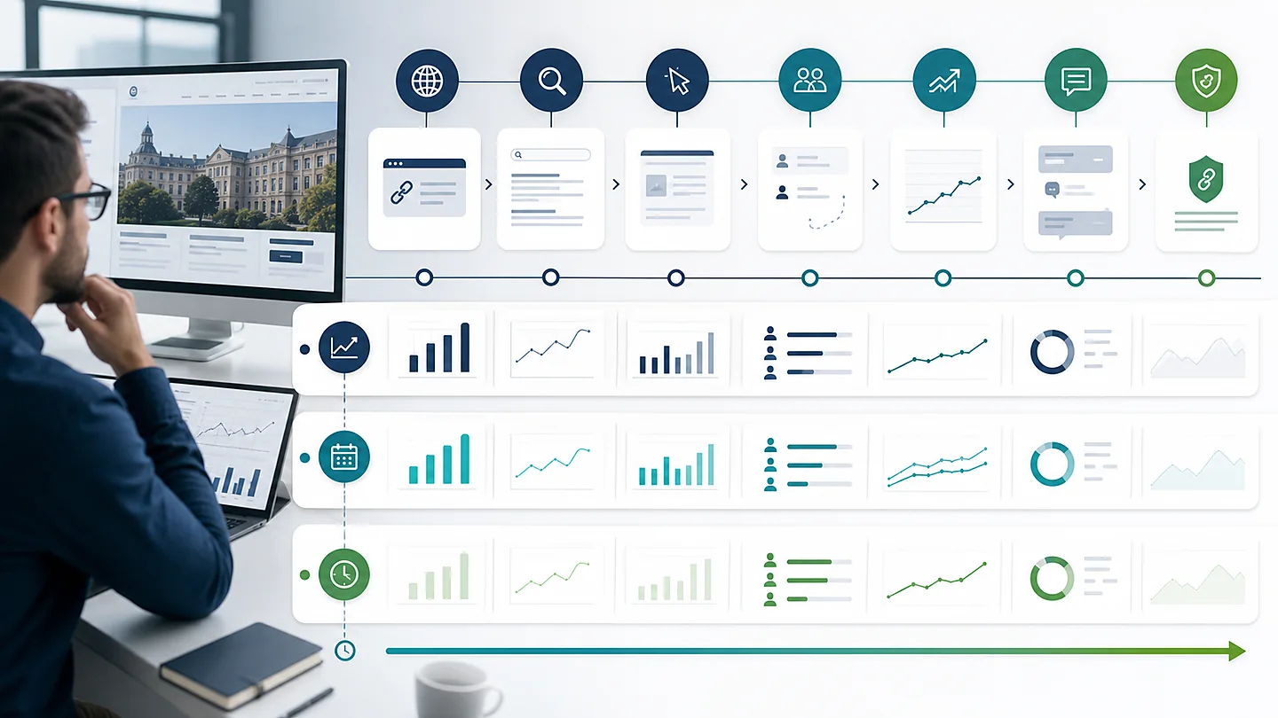 Measurement framework connecting EDU placements with indexing, referrals, rankings, leads, citations, and retained value