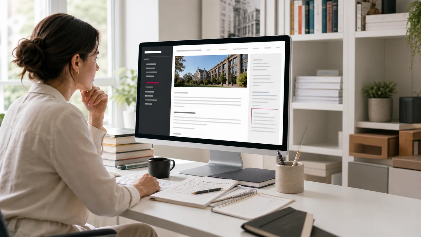 Education content strategist reviewing a relevant university department page, evidence-based article, and contextual resource citation
