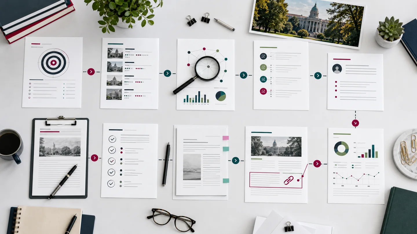 University guest-post workflow from target-page brief and prospect research through pitch, draft, editorial review, publication, and reporting
