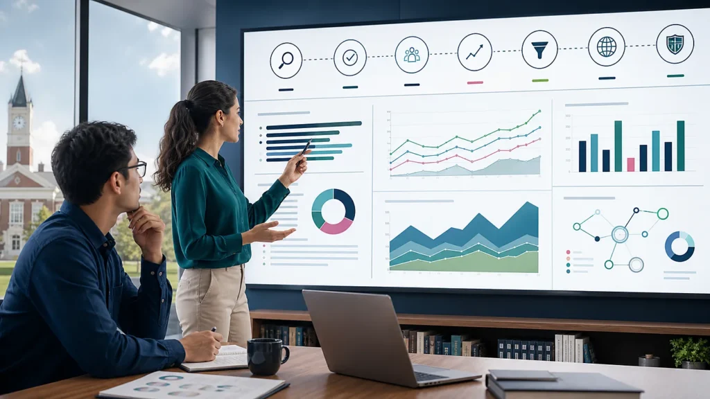 SEO analysts reviewing EDU placement quality, indexing, referral visits, target-page movement, leads, and referring domains