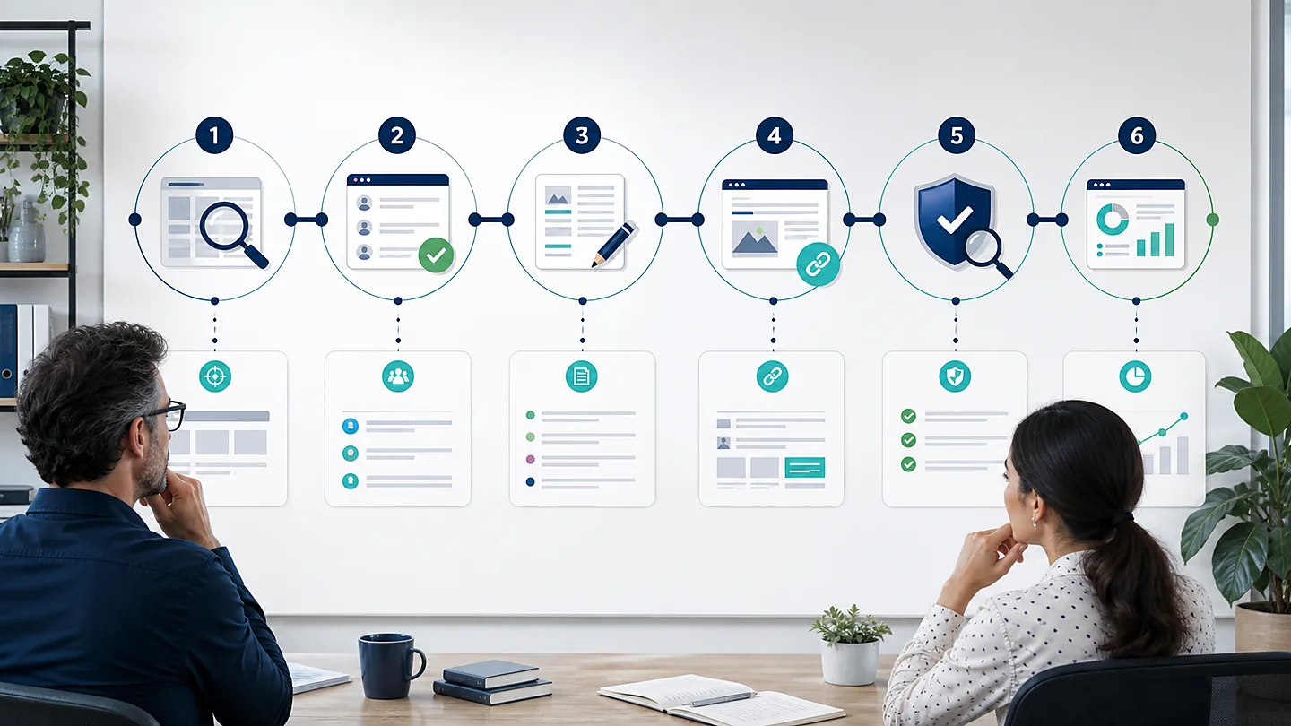 Education SEO campaign workflow from goals and target pages through publisher review, publication, verification, and reporting