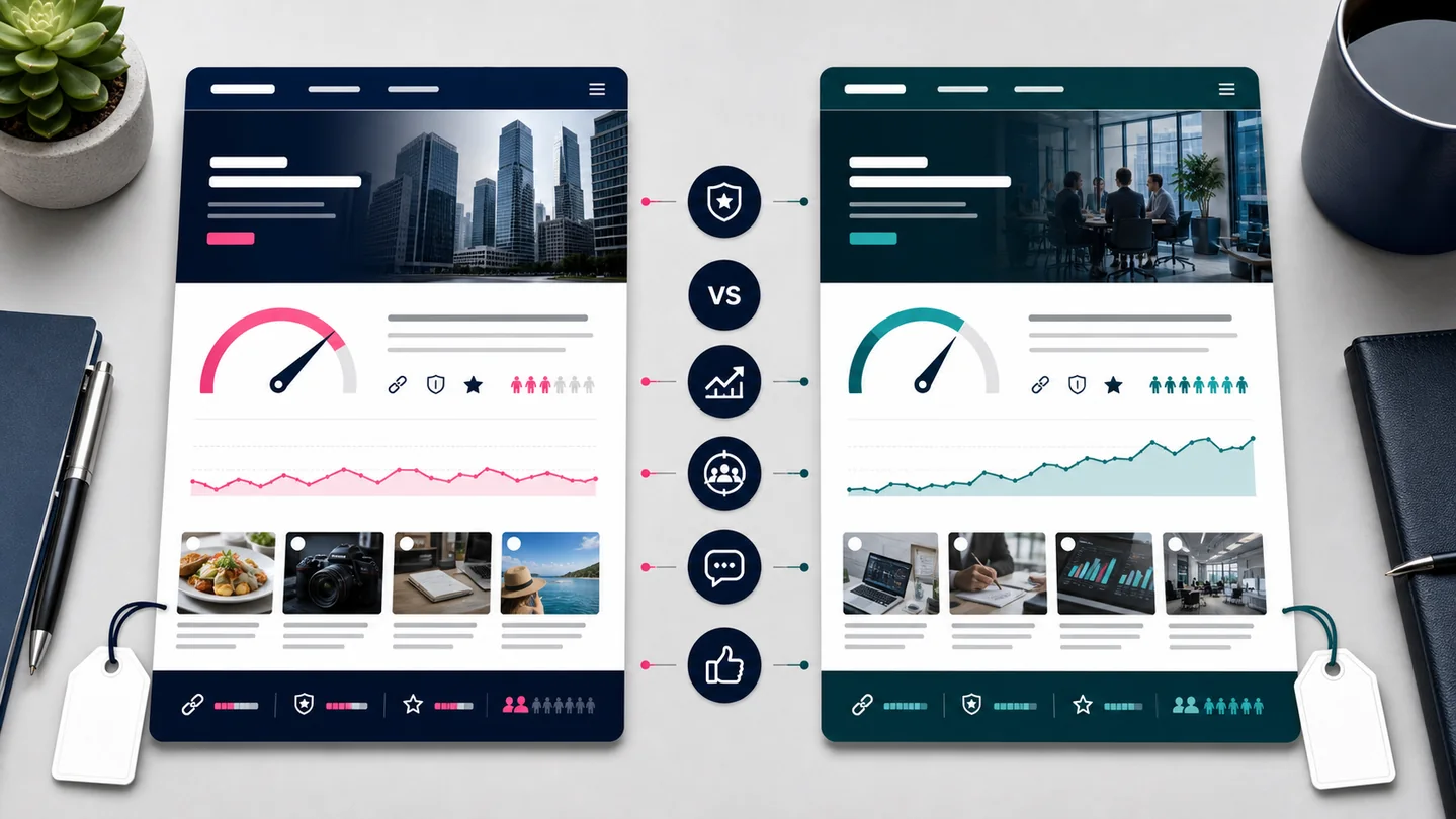Side-by-side publisher comparison using authority, organic traffic, topical relevance, and audience quality