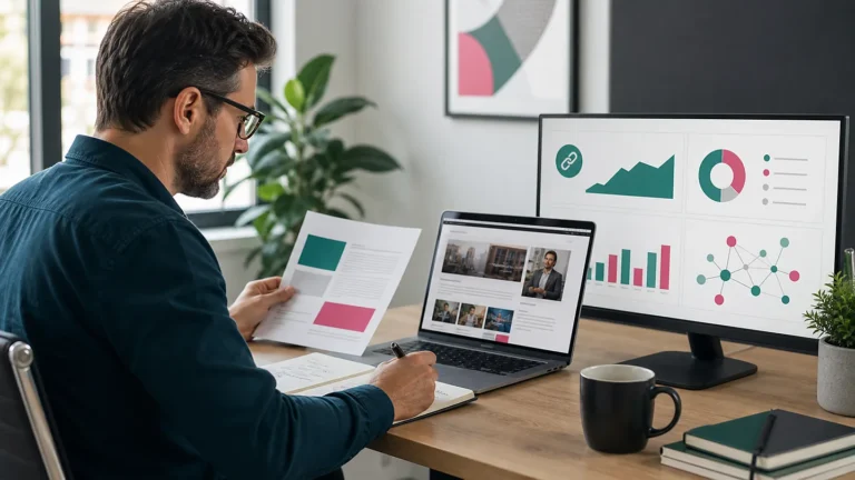 SEO strategist evaluating publisher authority, organic visibility, topical relevance, referring domains, and editorial quality for a guest post