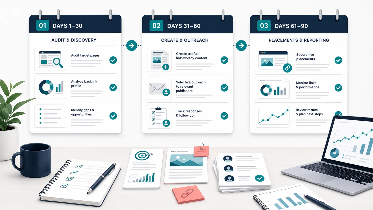 Three-stage 90-day link building plan covering audit, outreach, placements, and reporting
