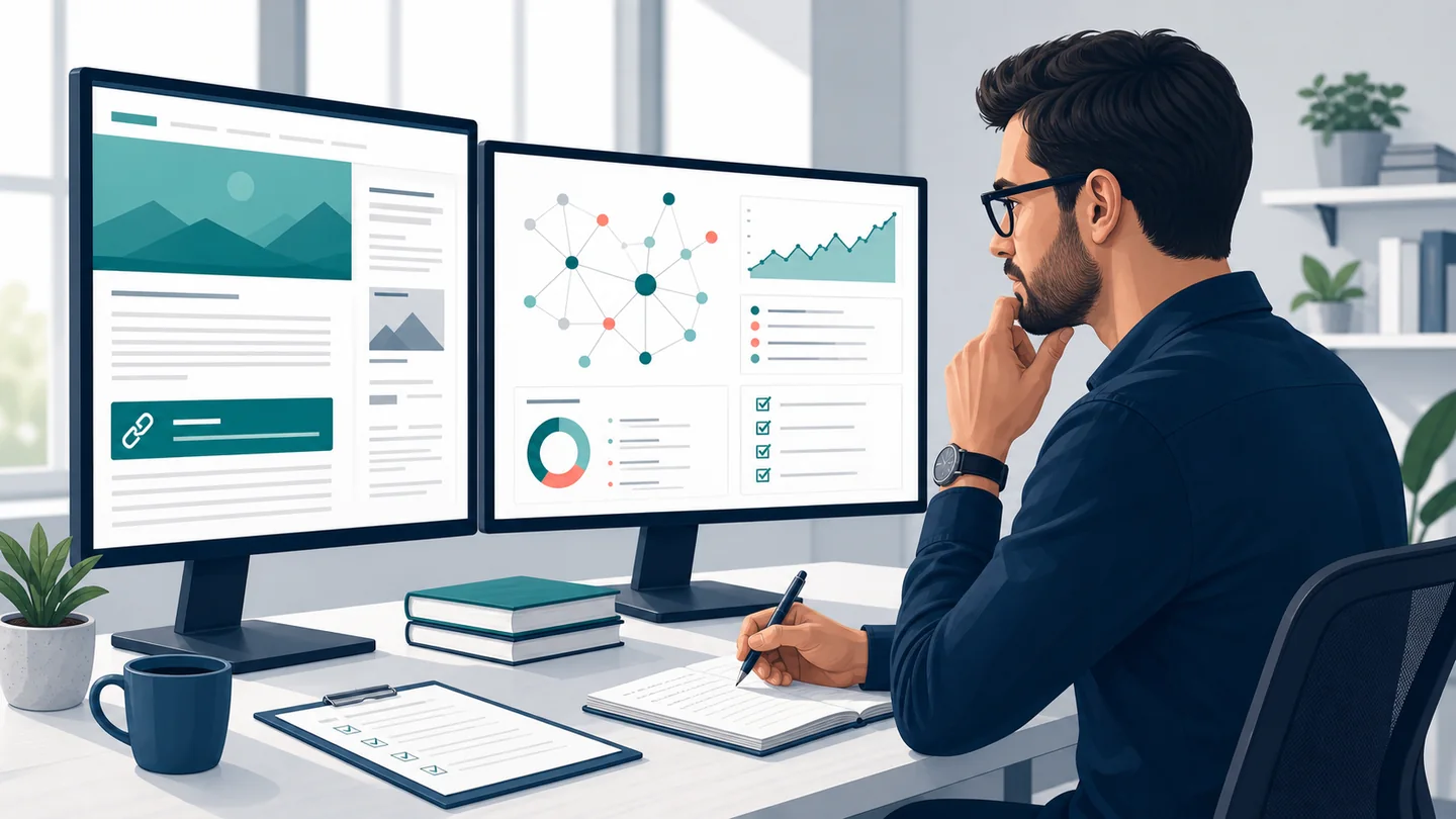 SEO specialist reviewing publisher relevance, backlink data, traffic, and placement quality