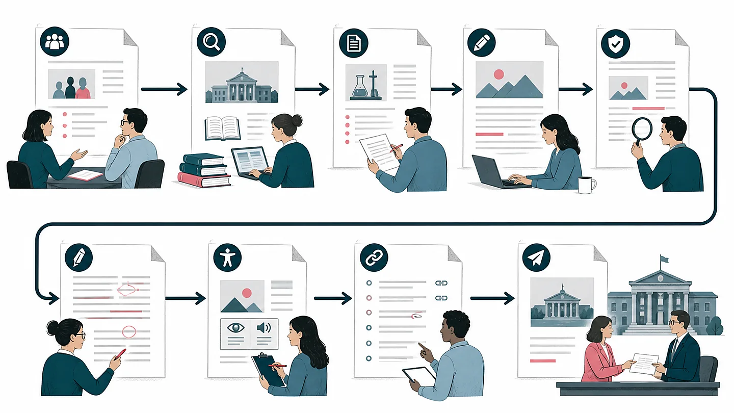 Editorial workflow from audience brief and research through drafting, fact-checking, copy editing, accessibility, link review, and submission
