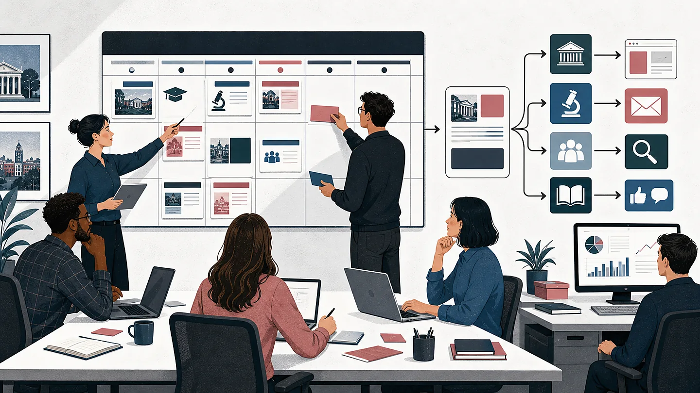 Higher-education editorial team planning content across admissions, research, student resources, email, search, and social channels