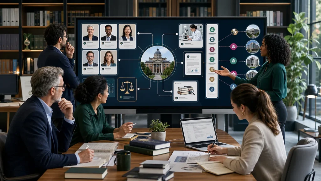 University editorial and research team connecting named experts, evidence, policies, citations, and relevant publishers