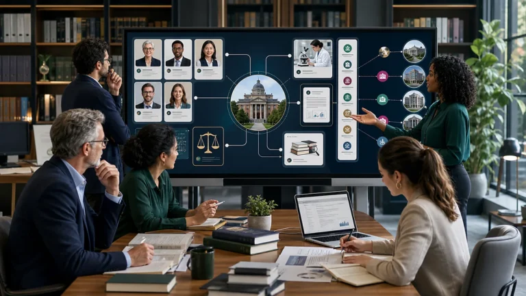 University editorial and research team connecting named experts, evidence, policies, citations, and relevant publishers