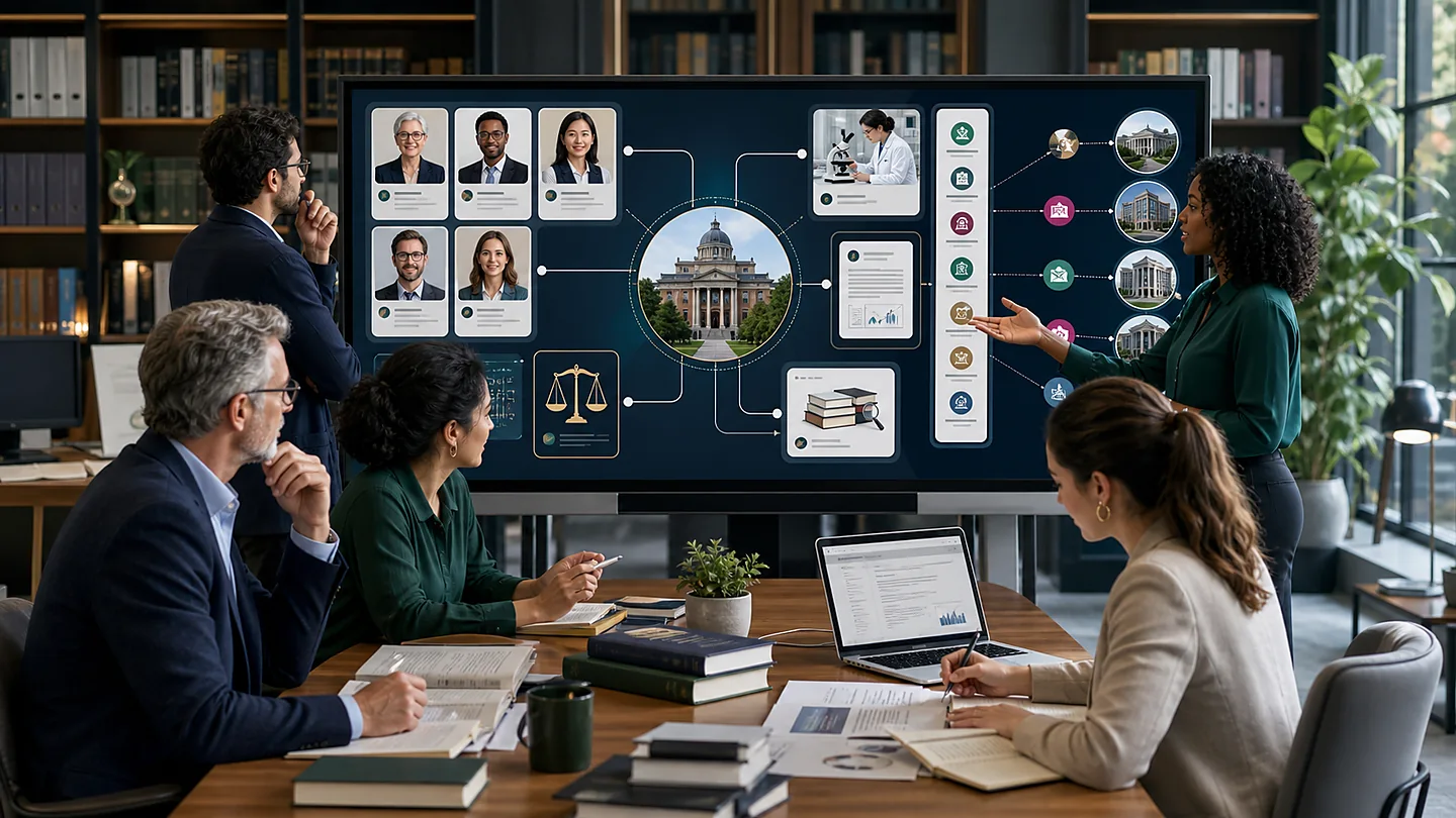 University editorial and research team connecting named experts, evidence, policies, citations, and relevant publishers