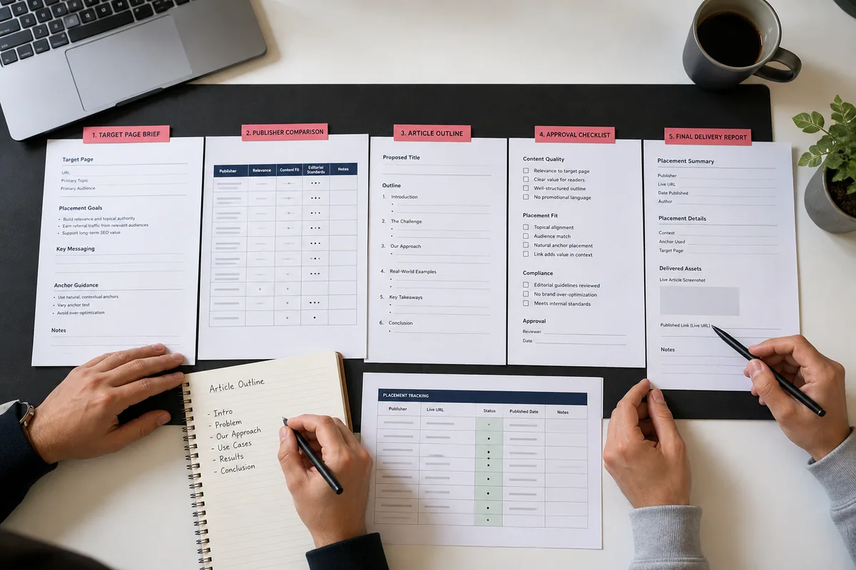 Campaign workflow showing a target-page brief, publisher comparison, article outline, approval checklist, and final delivery report