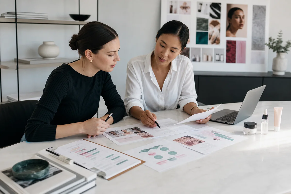 Beauty content strategists reviewing an article brief, publisher shortlist, and campaign requirements