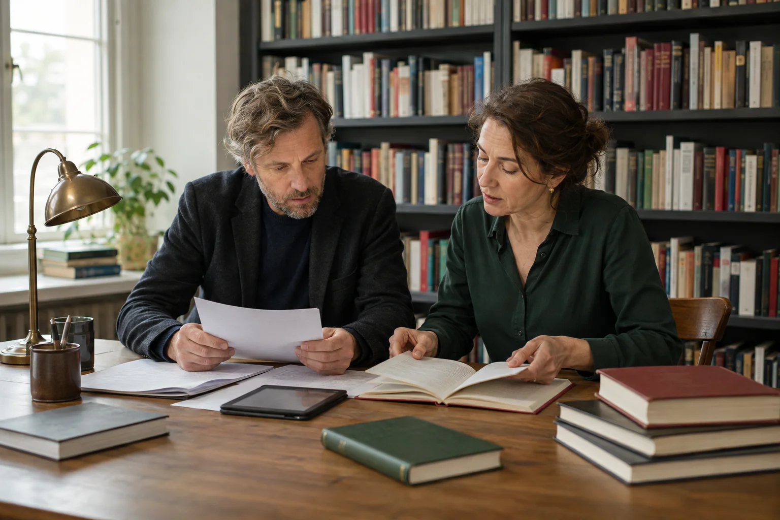 Author and editor reviewing a literary article and manuscript for publisher fit