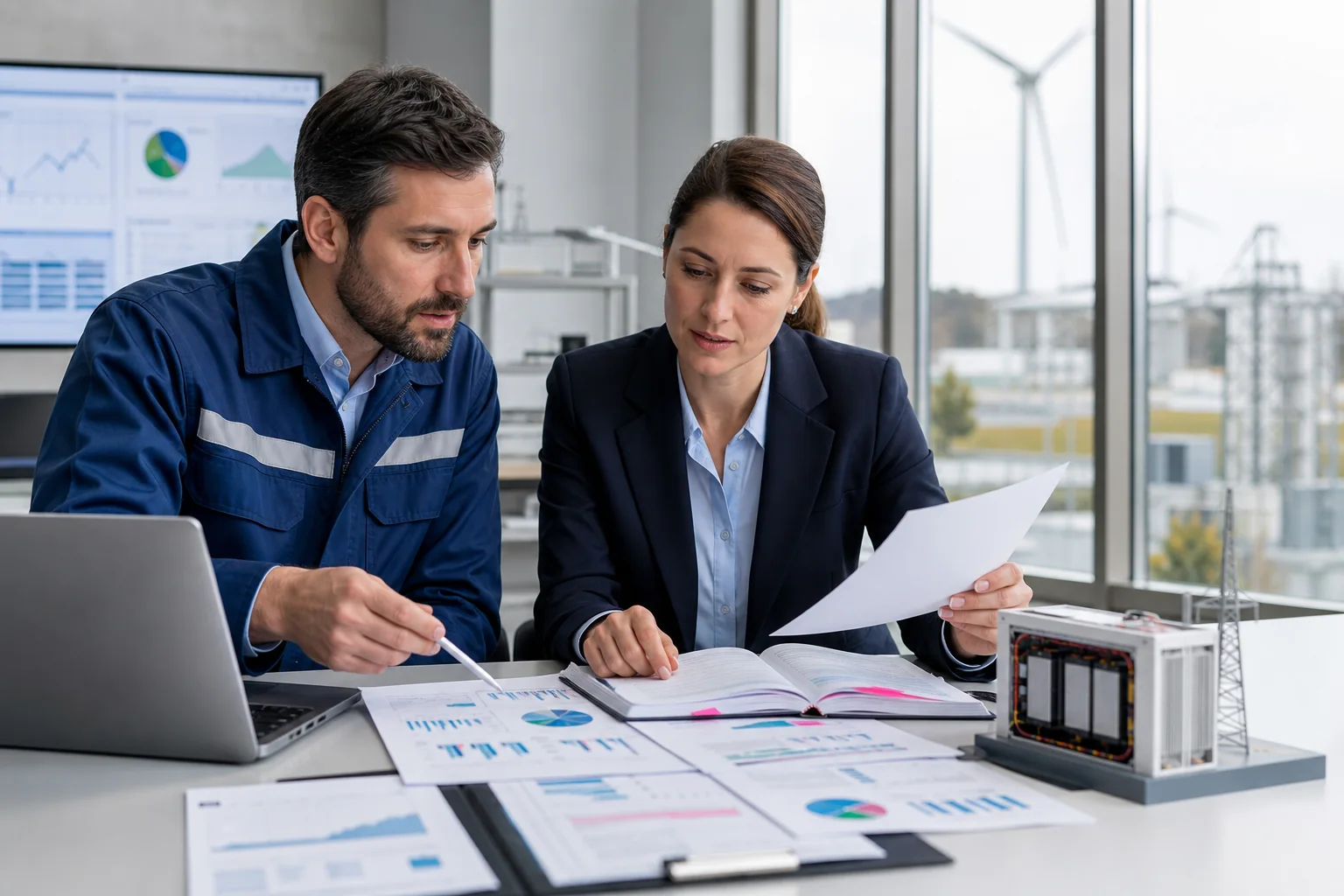 Energy engineer and editor reviewing technical evidence and publisher options