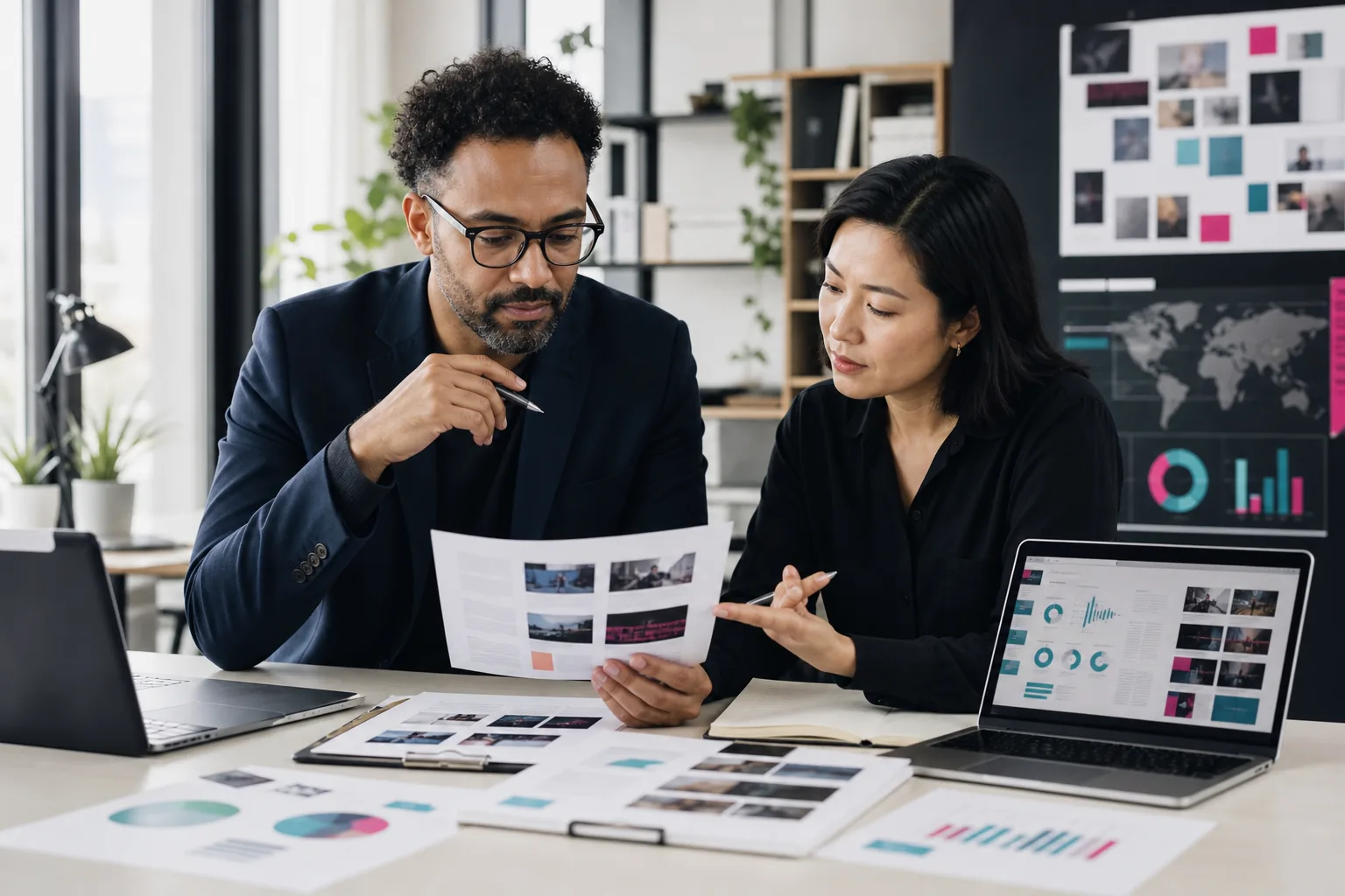 Entertainment editor and campaign strategist reviewing audience research and publisher options
