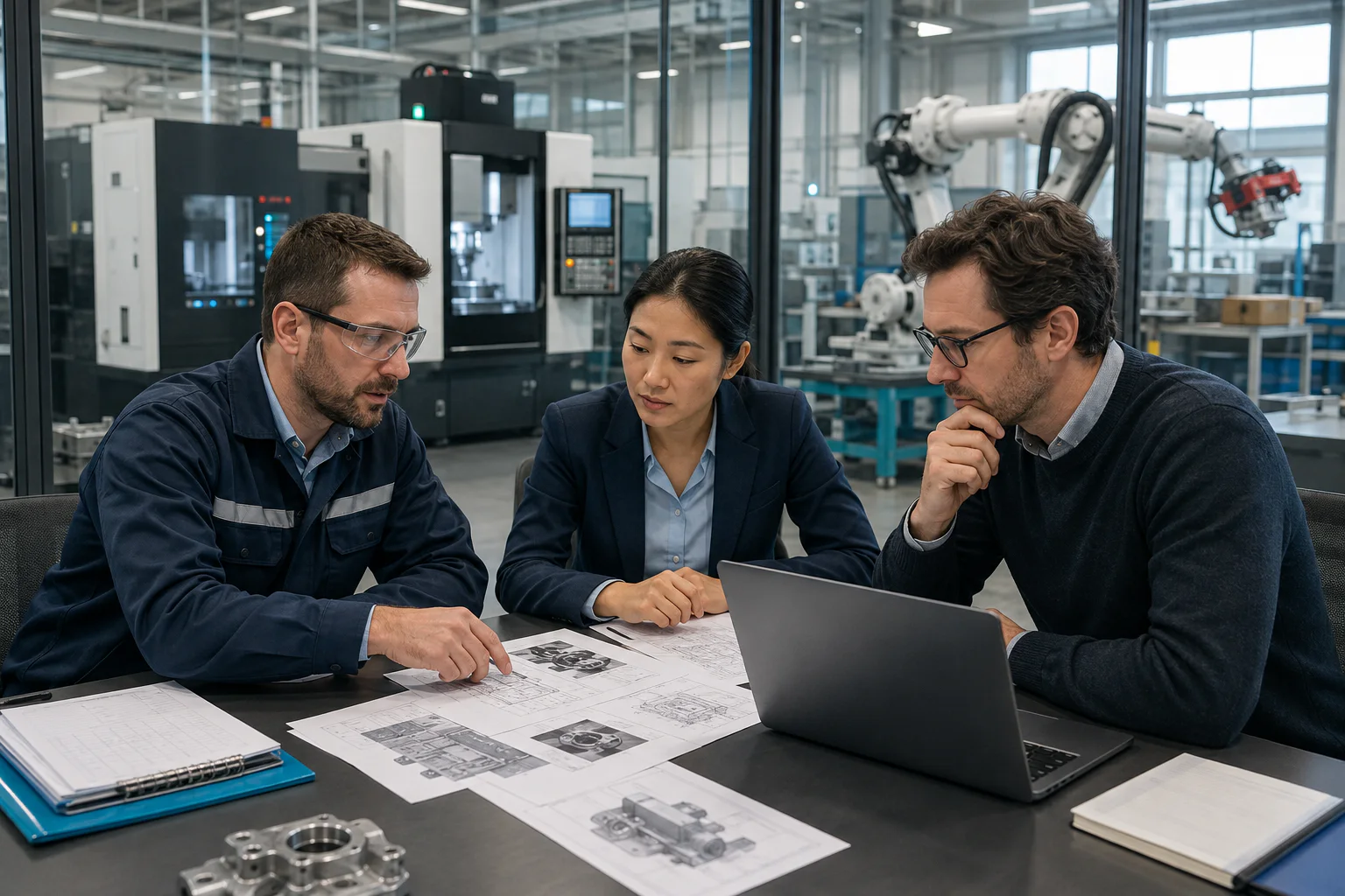 Manufacturing team reviewing guest posting publishers and technical content