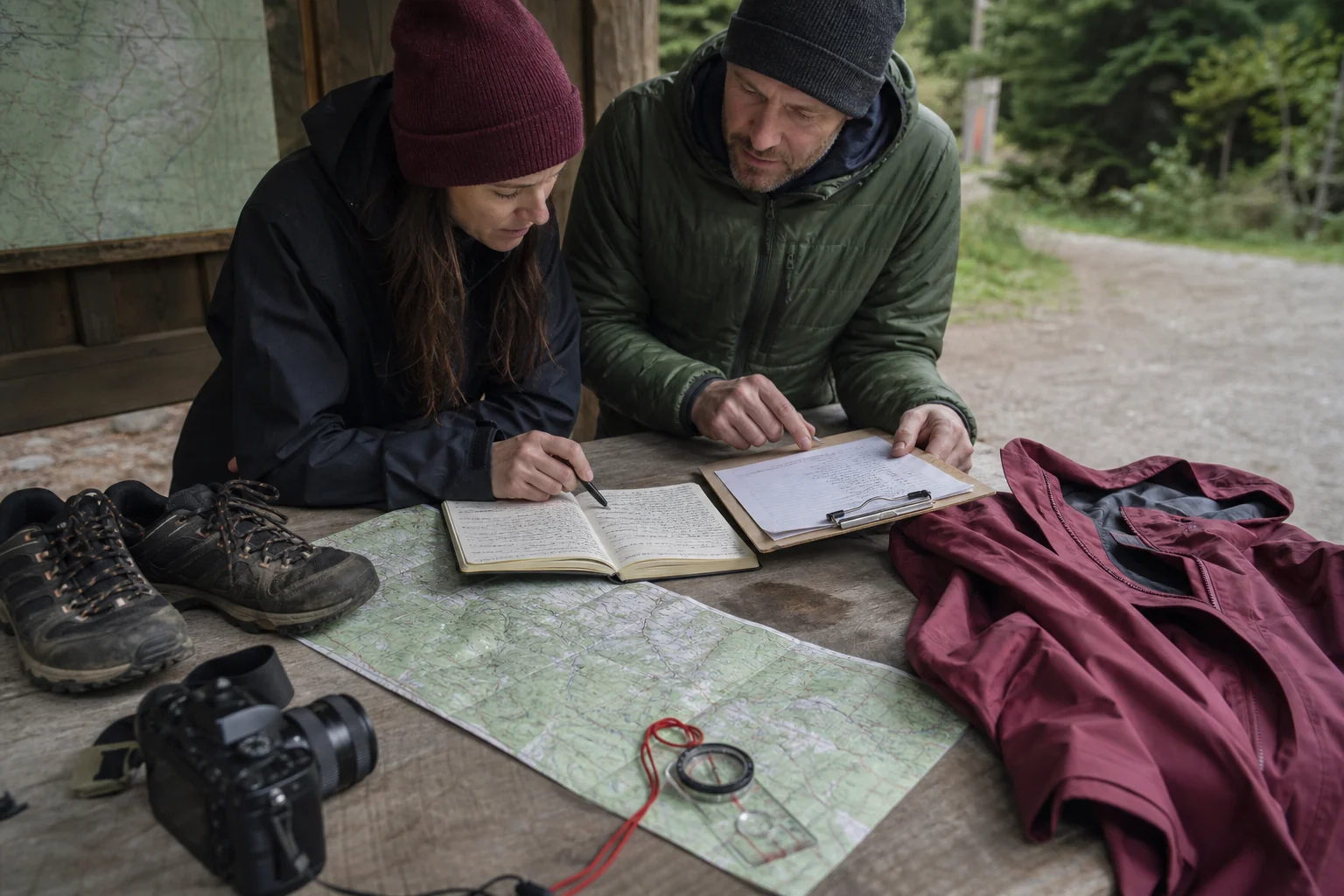 Outdoor content editor and gear specialist reviewing field notes, a map and hiking equipment