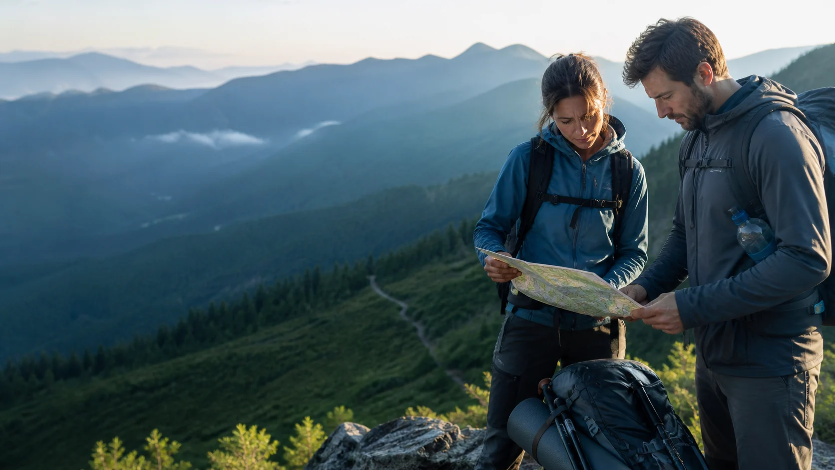Outdoor professionals reviewing a trail map and hiking equipment before a mountain route