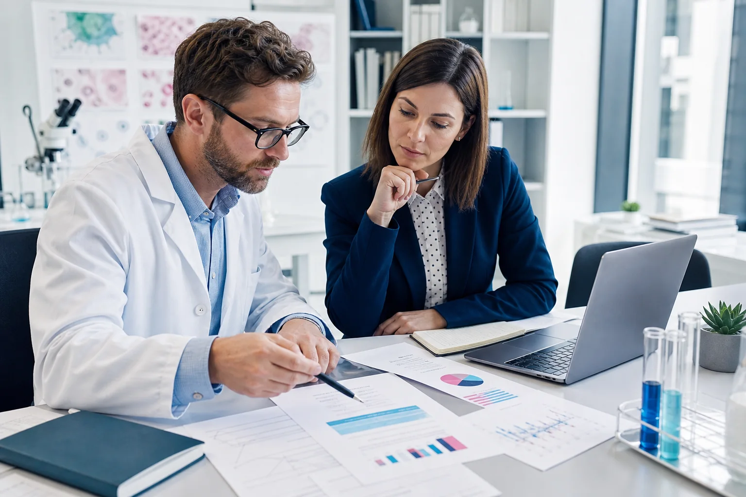 Scientist and science editor reviewing research evidence and publisher options