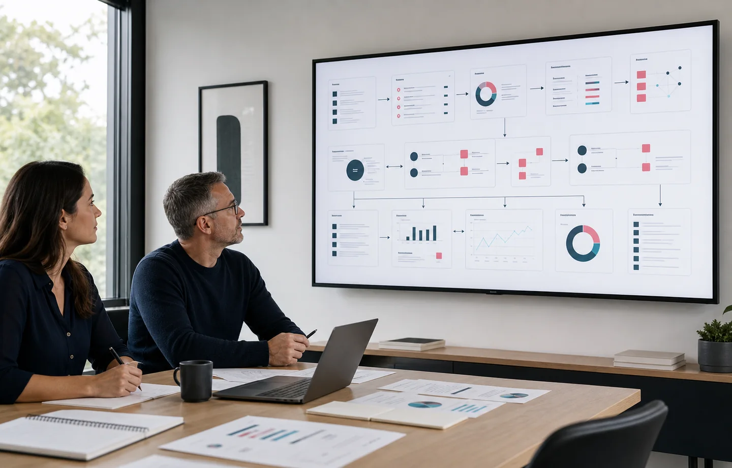 SEO strategists reviewing a managed campaign map for technical SEO, content, internal links, publisher outreach, and reporting