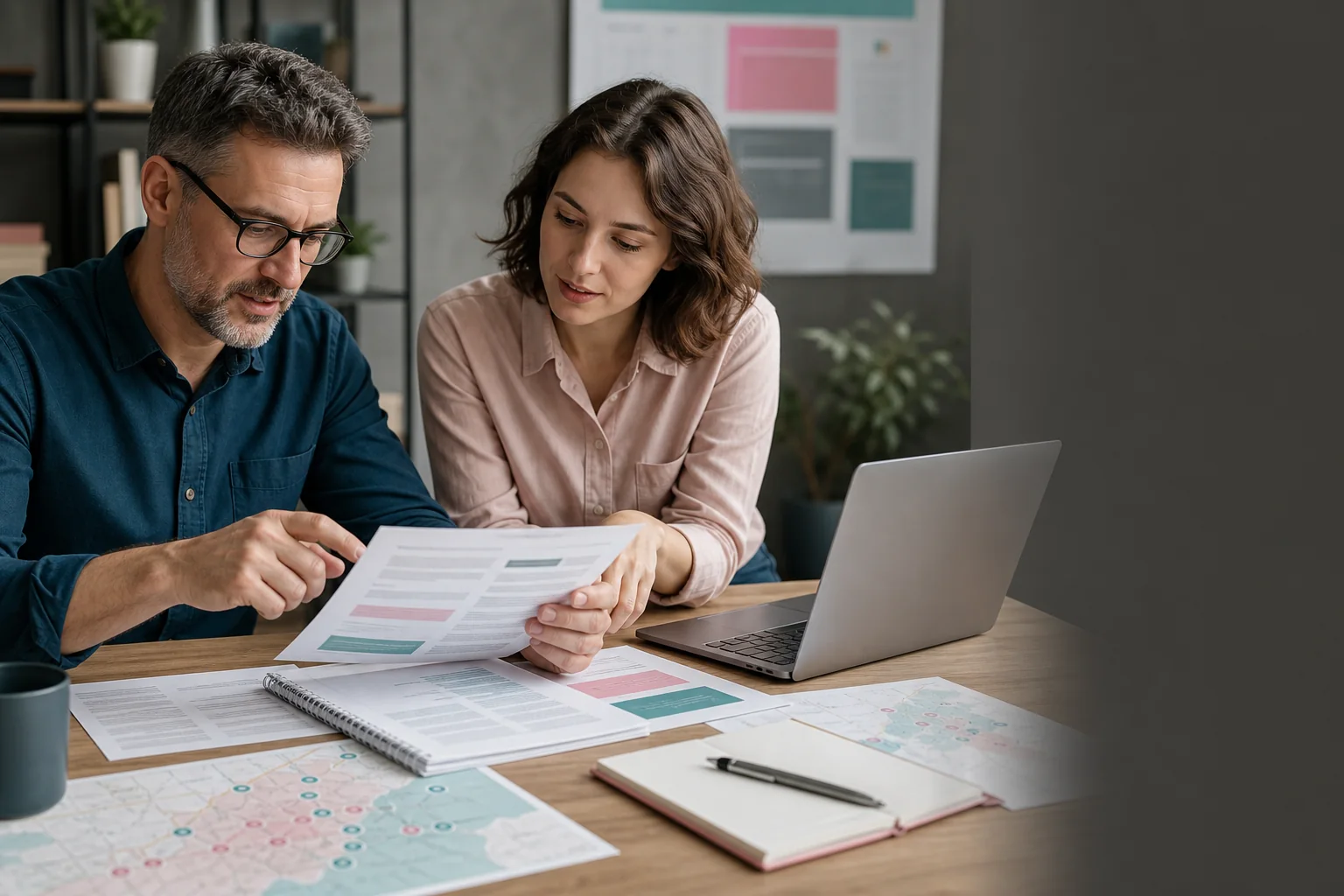 Service expert and editor reviewing an article outline and publisher criteria
