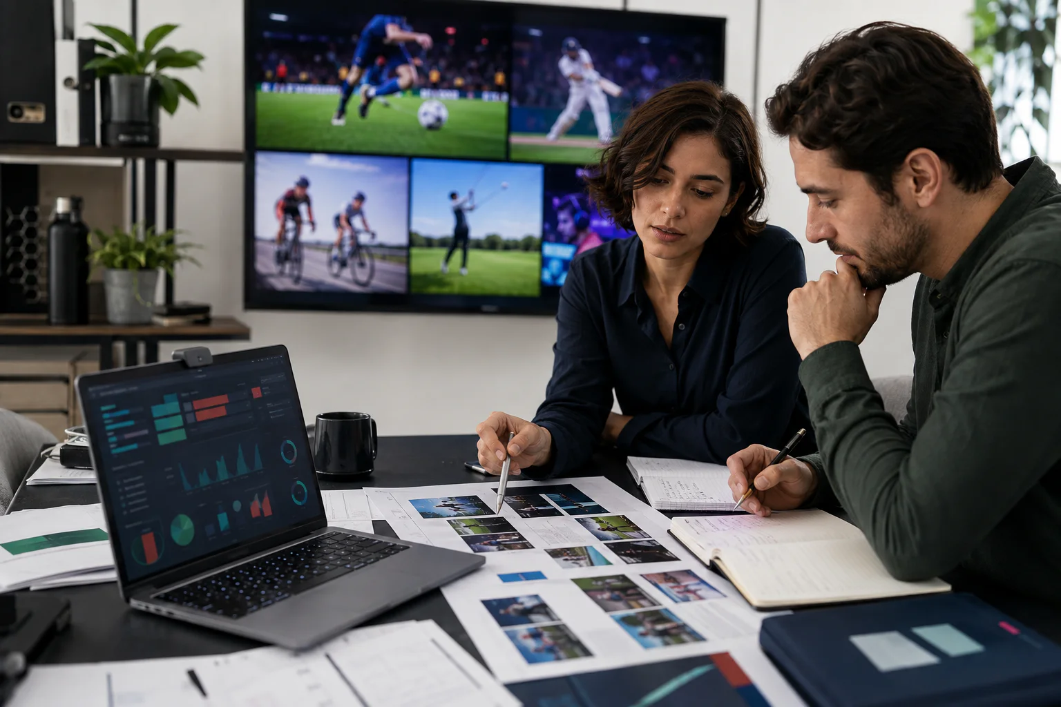 Editors comparing a sports publisher shortlist and content calendar