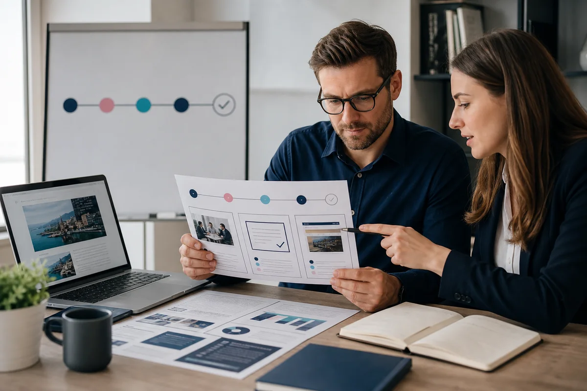 SEO team reviewing a publisher shortlist, content brief, and guest post delivery report