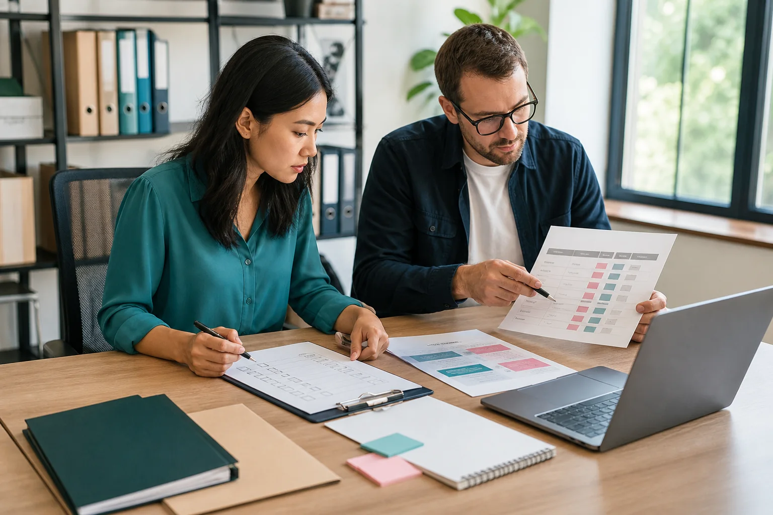 Fulfillment specialist and agency strategist reviewing publisher approvals and an unbranded delivery report