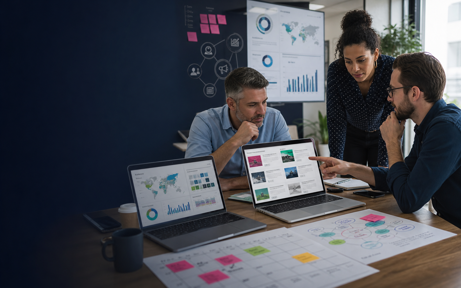 Digital marketing team comparing guest posting publishers and campaign audiences